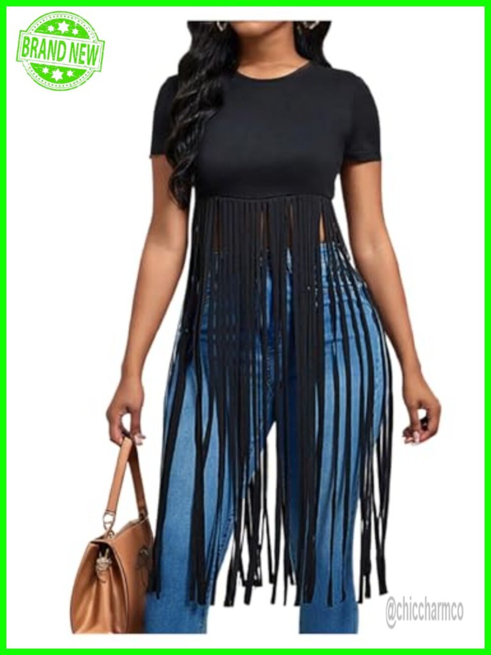 Women's Fringe Trim Short Sleeve Slim Fit Crew Neck Tee Casual Summer Top